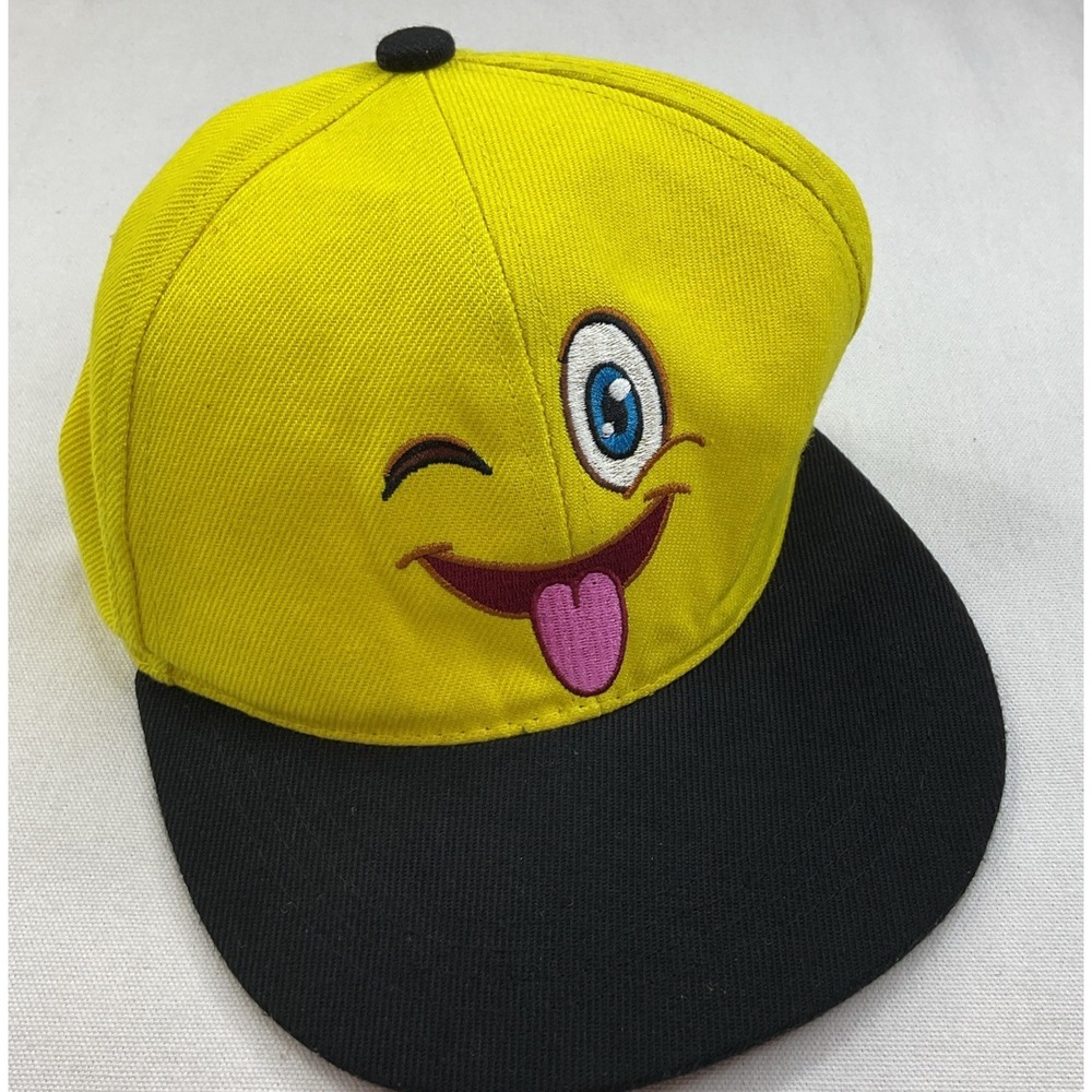 Six Flags Winking Emoji Baseball Hat Cap Bright Canary Yellow Retro Vintage OS